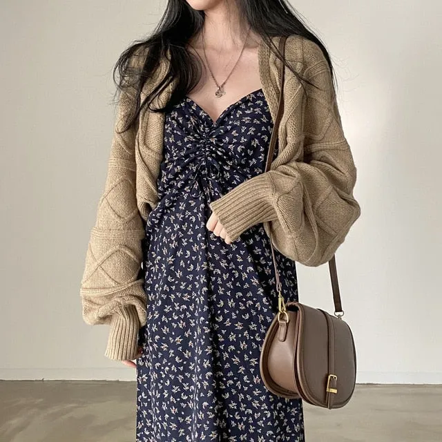 [Korean Style] Floral Print Drawstring Cami Maxi Dress