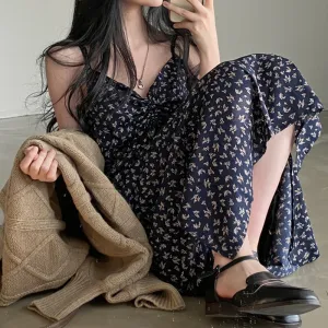[Korean Style] Floral Print Drawstring Cami Maxi Dress