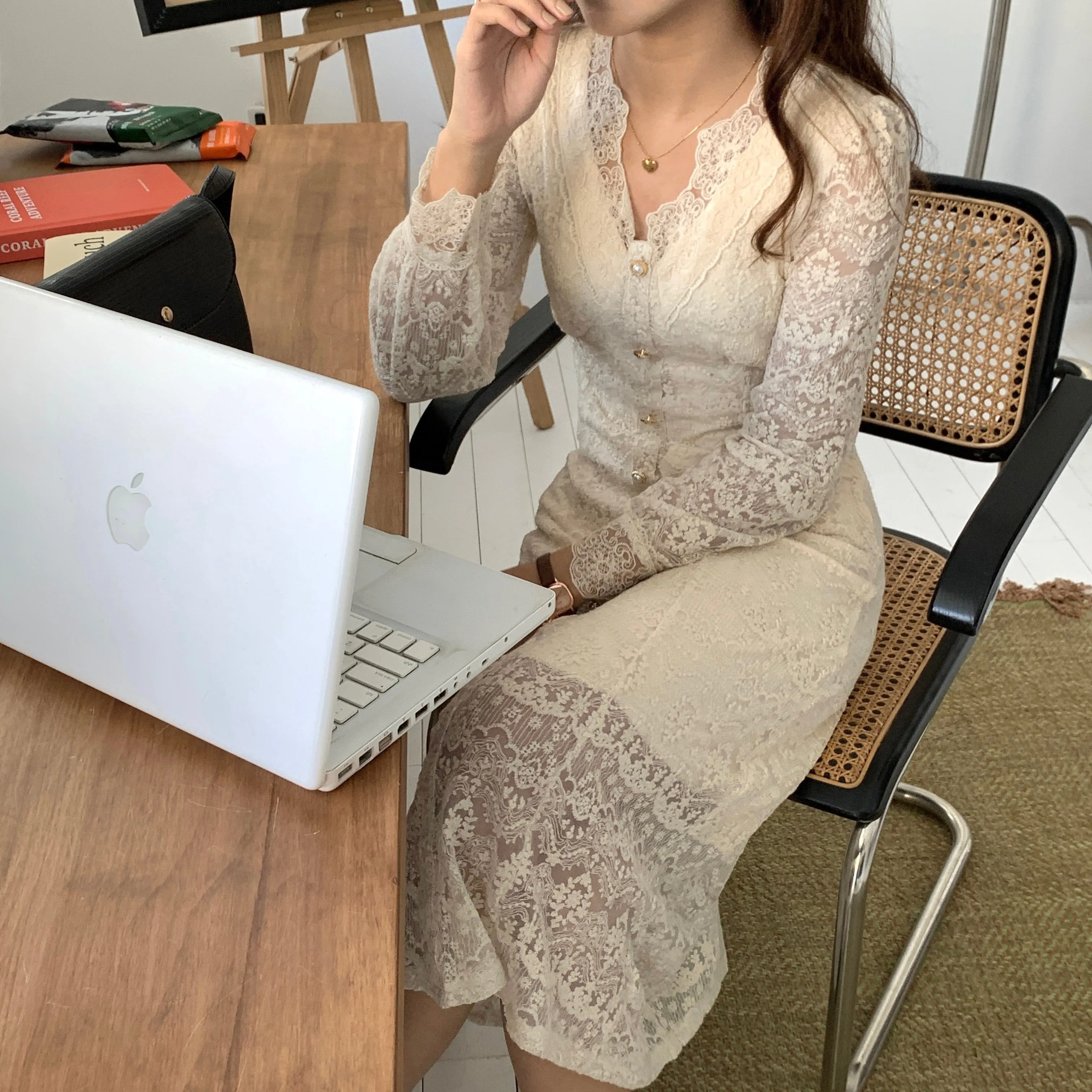 [Korean Style] French Style V-neck Lace Button-down One Piece Midi Dress