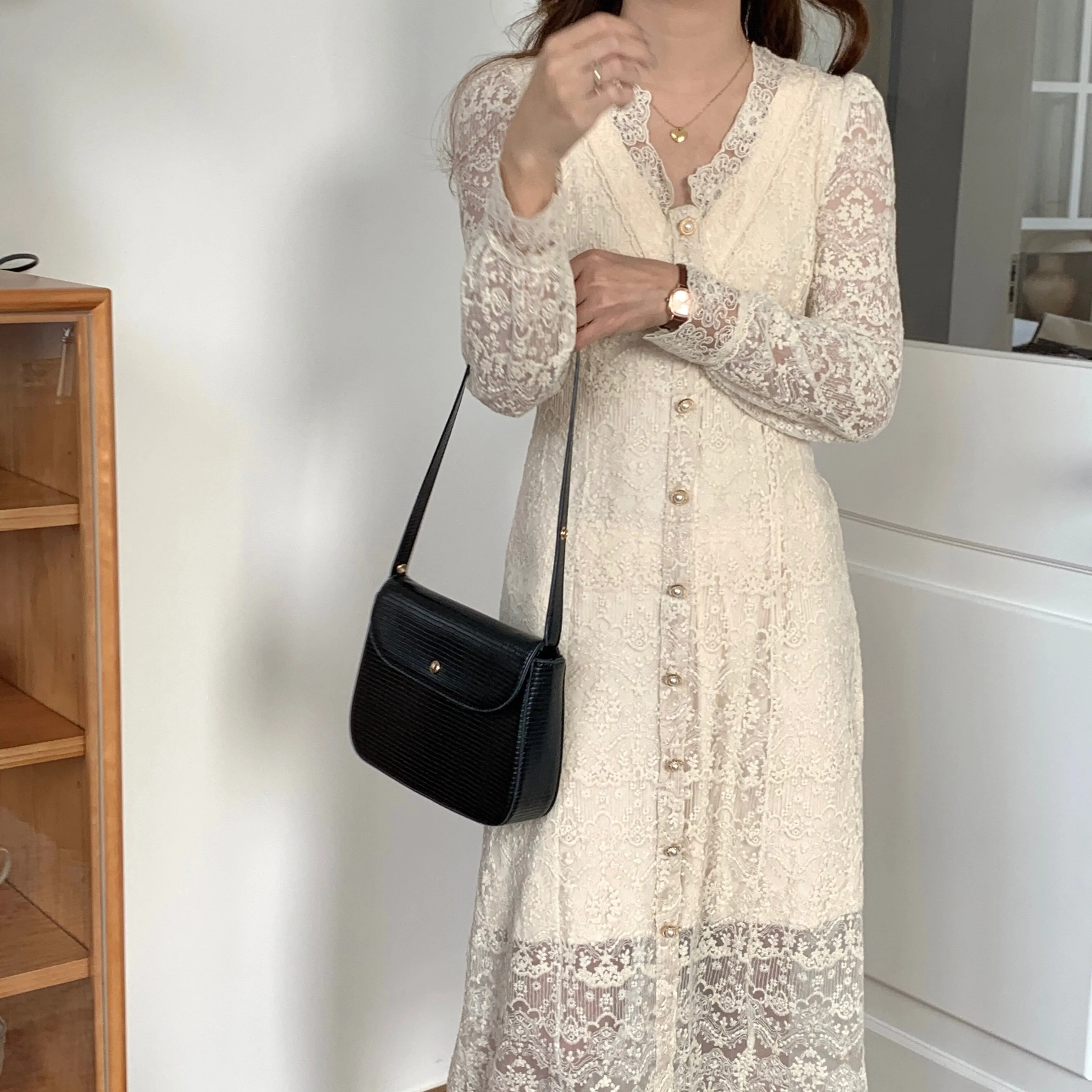 [Korean Style] French Style V-neck Lace Button-down One Piece Midi Dress