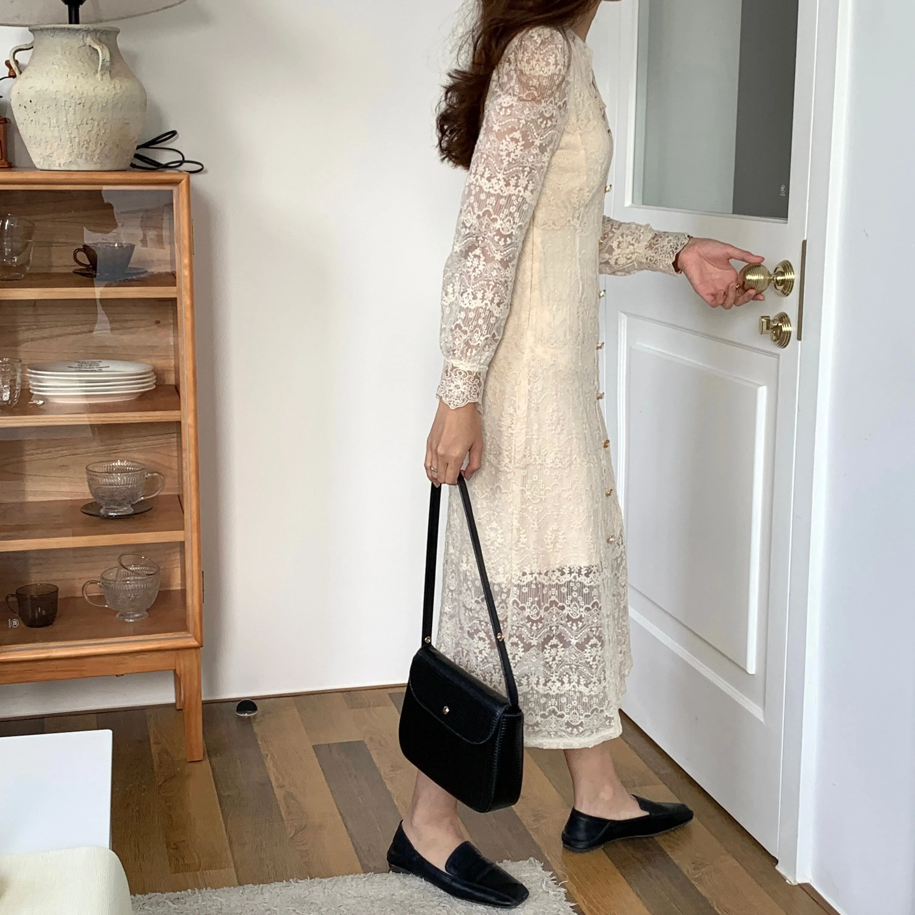 [Korean Style] French Style V-neck Lace Button-down One Piece Midi Dress
