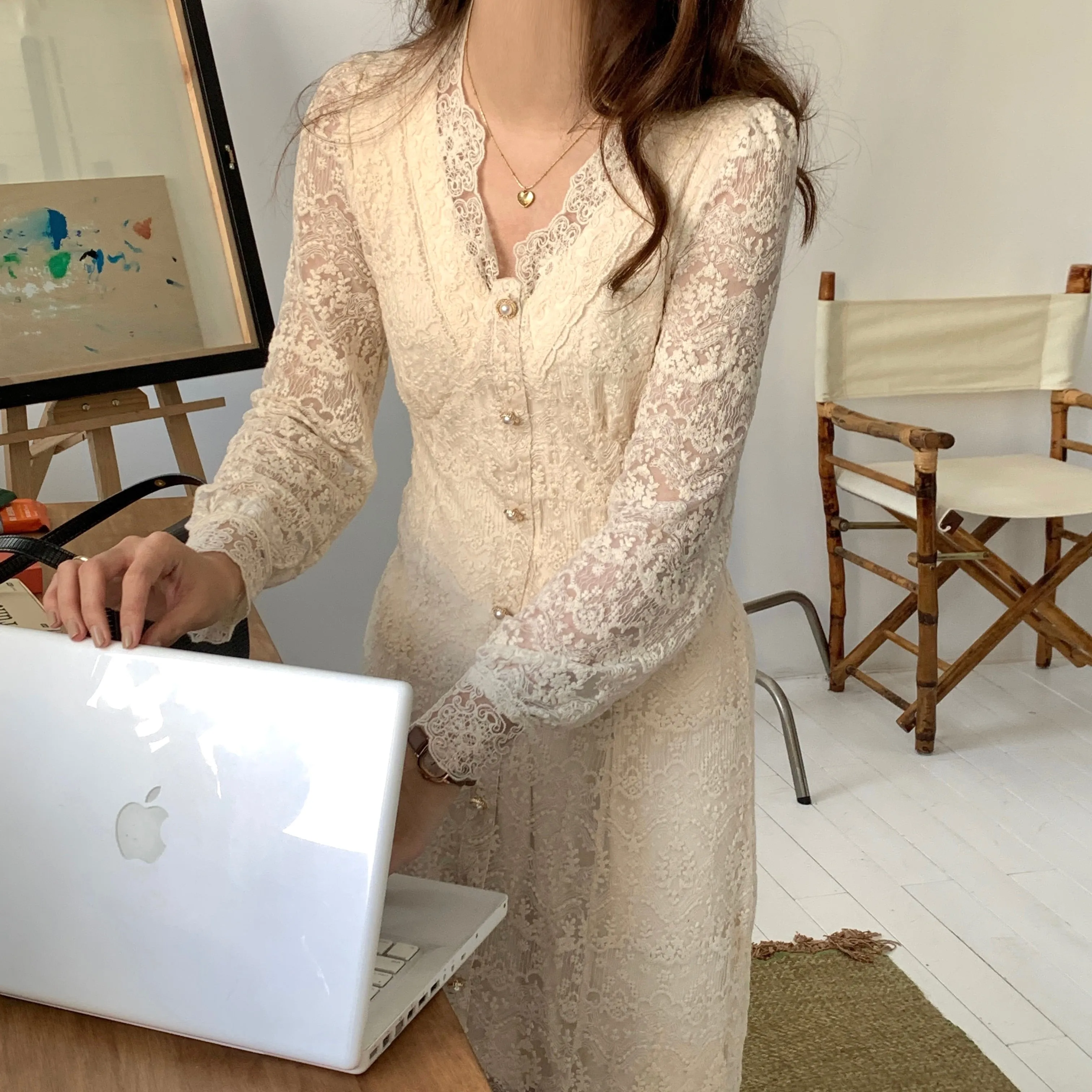 [Korean Style] French Style V-neck Lace Button-down One Piece Midi Dress