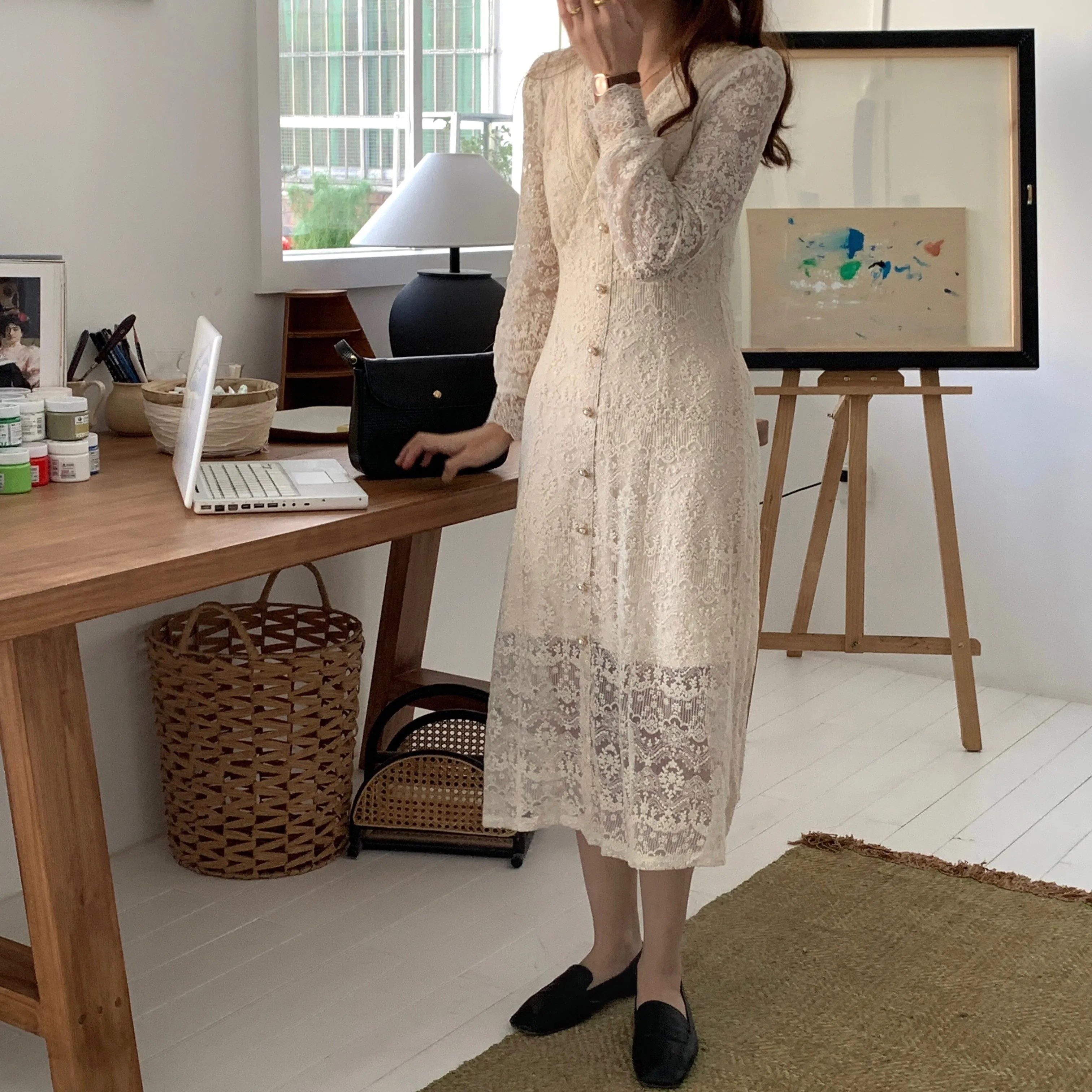 [Korean Style] French Style V-neck Lace Button-down One Piece Midi Dress