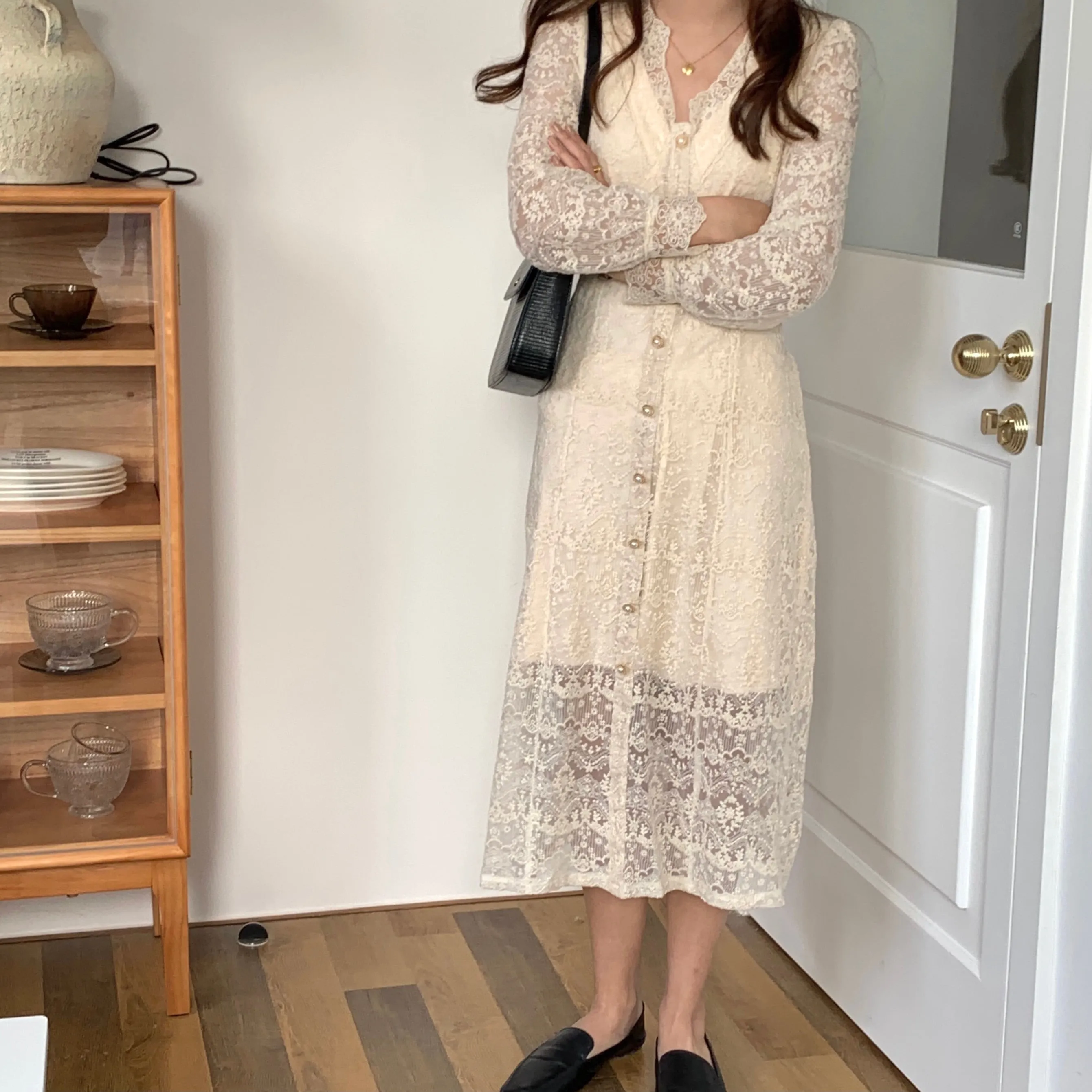 [Korean Style] French Style V-neck Lace Button-down One Piece Midi Dress