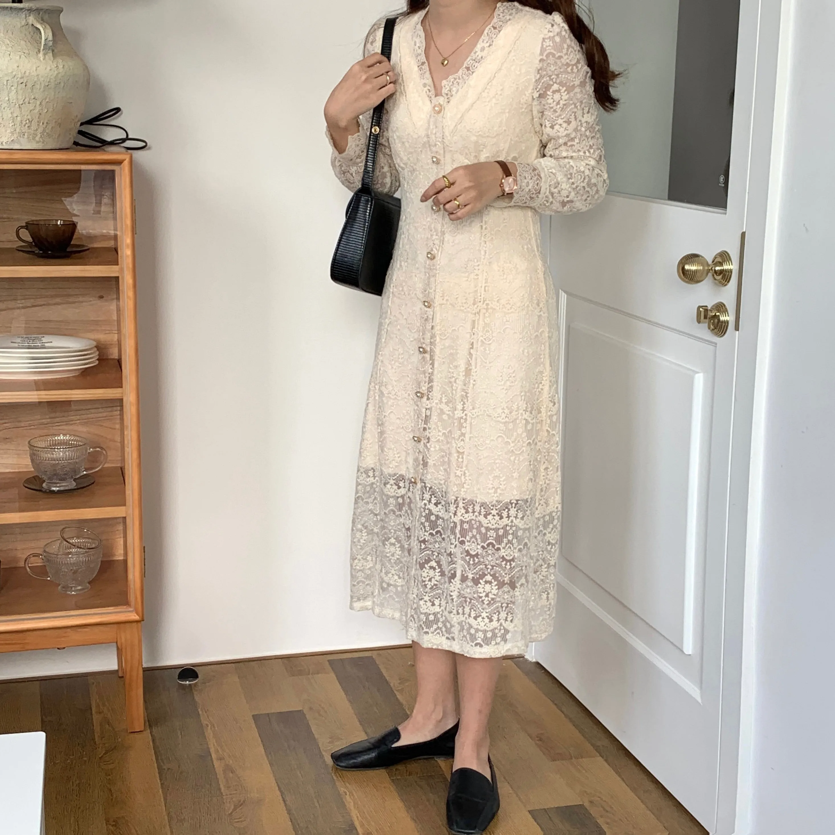 [Korean Style] French Style V-neck Lace Button-down One Piece Midi Dress