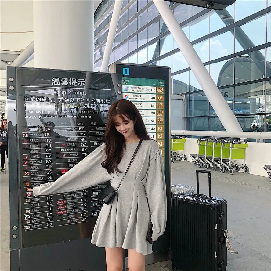 Korean Style Grey Waist Fold Dress