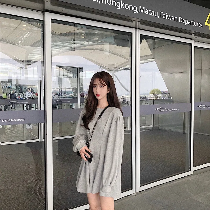 Korean Style Grey Waist Fold Dress