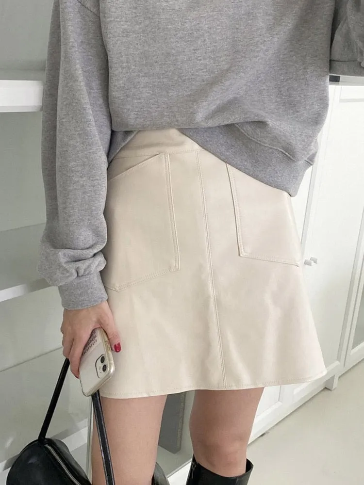 [Korean Style] High Waist A-line Faux Leather Mini Skirt w/ Pocket