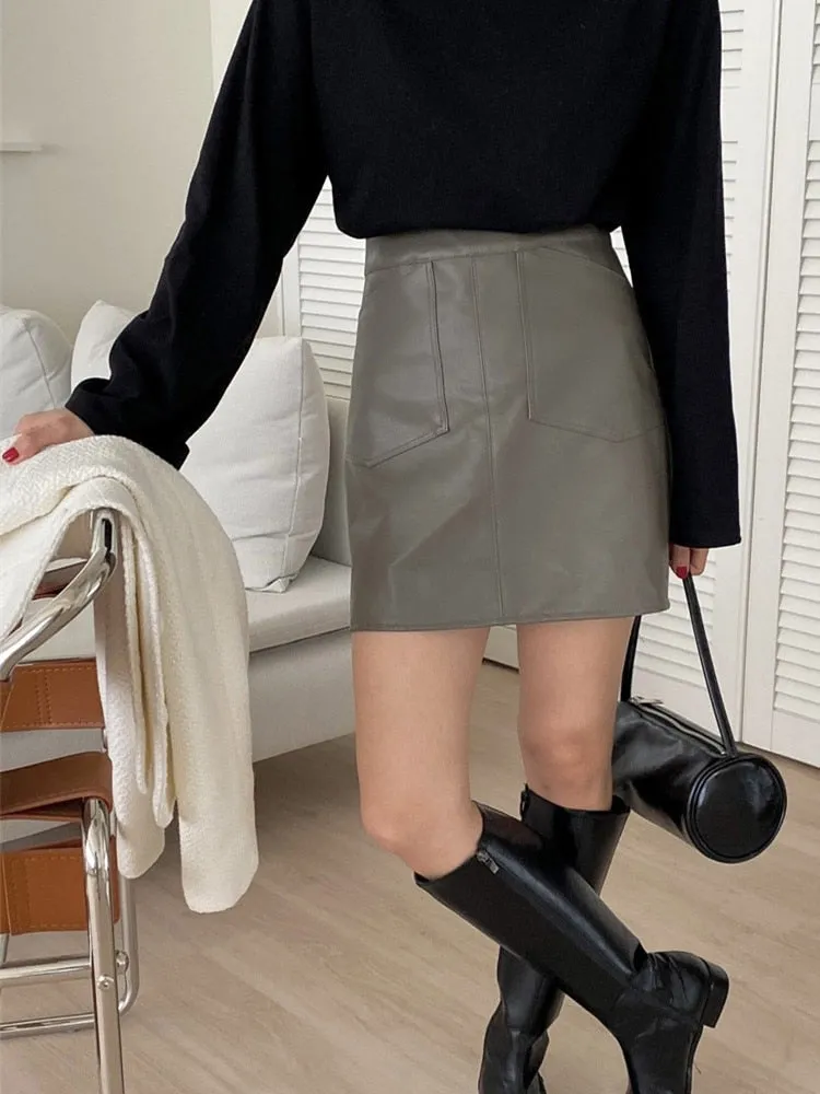 [Korean Style] High Waist A-line Faux Leather Mini Skirt w/ Pocket
