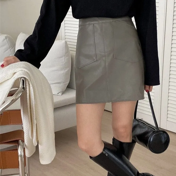 [Korean Style] High Waist A-line Faux Leather Mini Skirt w/ Pocket