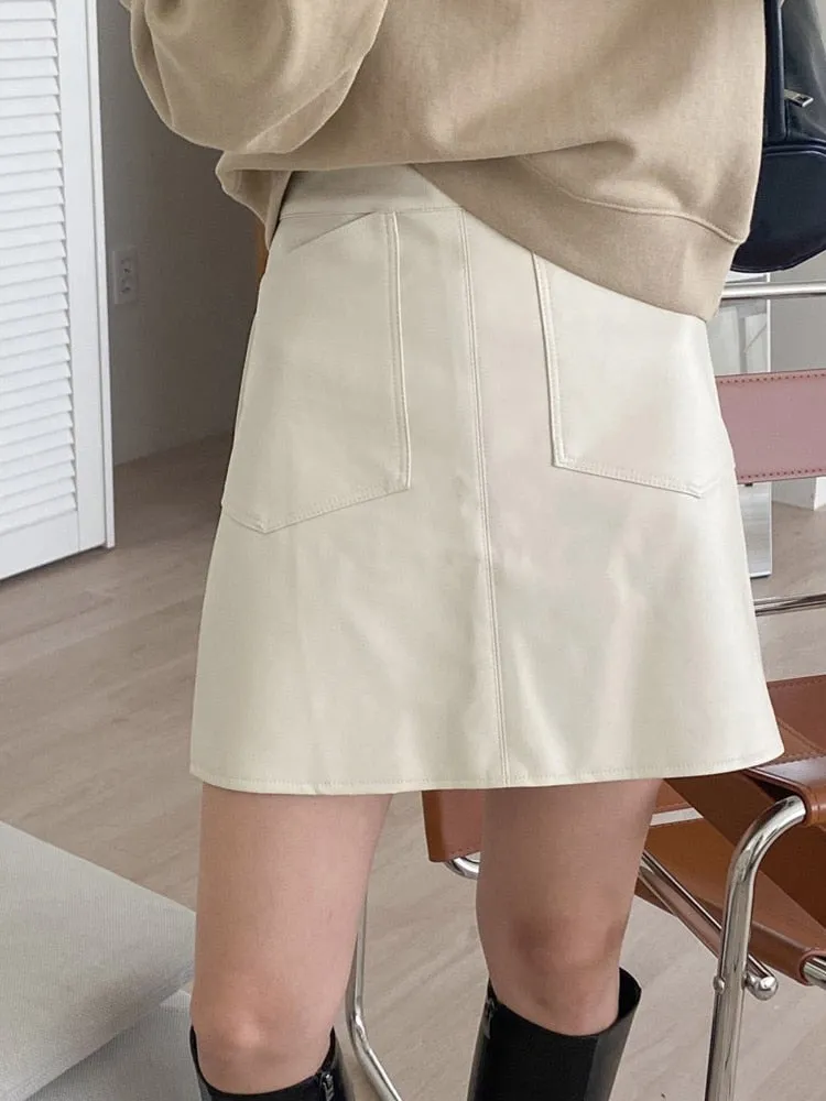[Korean Style] High Waist A-line Faux Leather Mini Skirt w/ Pocket