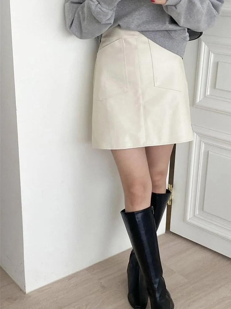 [Korean Style] High Waist A-line Faux Leather Mini Skirt w/ Pocket