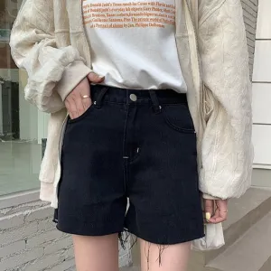 [Korean Style] High Waist Black Fringed Denim Shorts