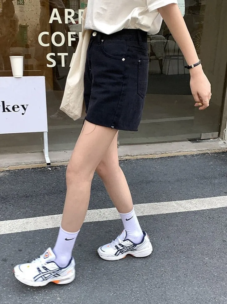 [Korean Style] High Waist Black Fringed Denim Shorts