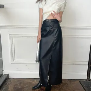 [Korean Style] High Waist Straight Faux Leather Long Skirt