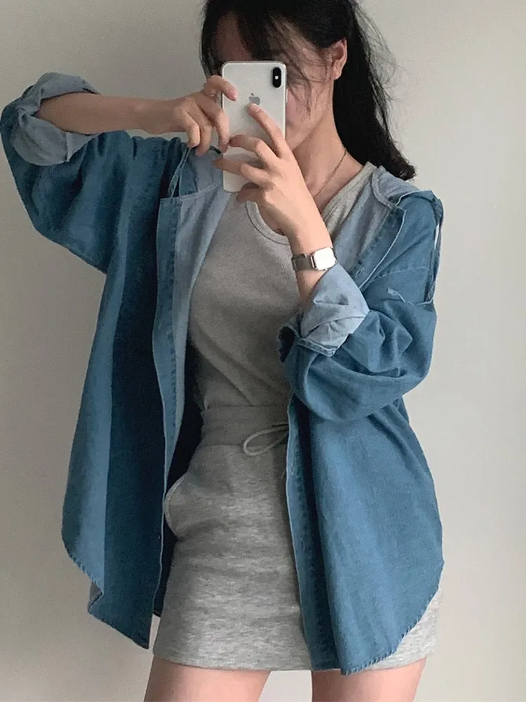 [Korean Style] Hooded Long Sleeve Denim Shirt Jacket