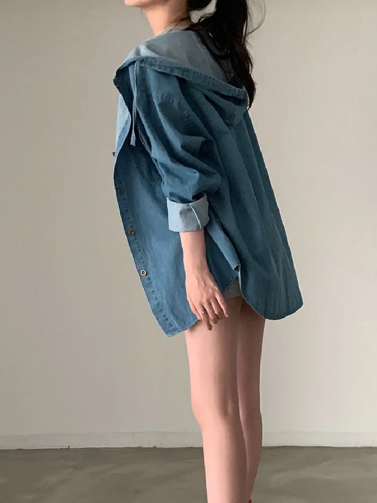 [Korean Style] Hooded Long Sleeve Denim Shirt Jacket