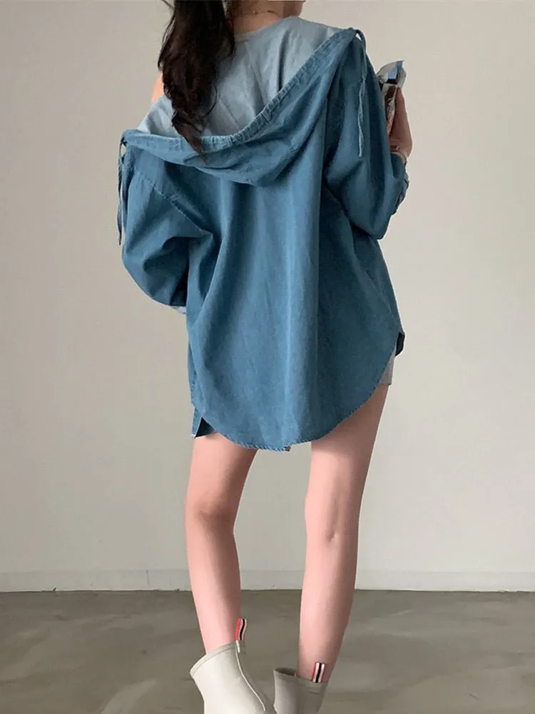 [Korean Style] Hooded Long Sleeve Denim Shirt Jacket