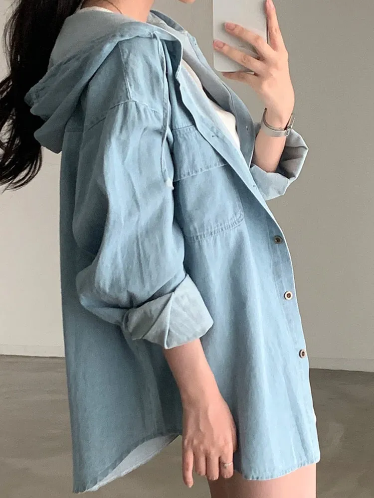 [Korean Style] Hooded Long Sleeve Denim Shirt Jacket