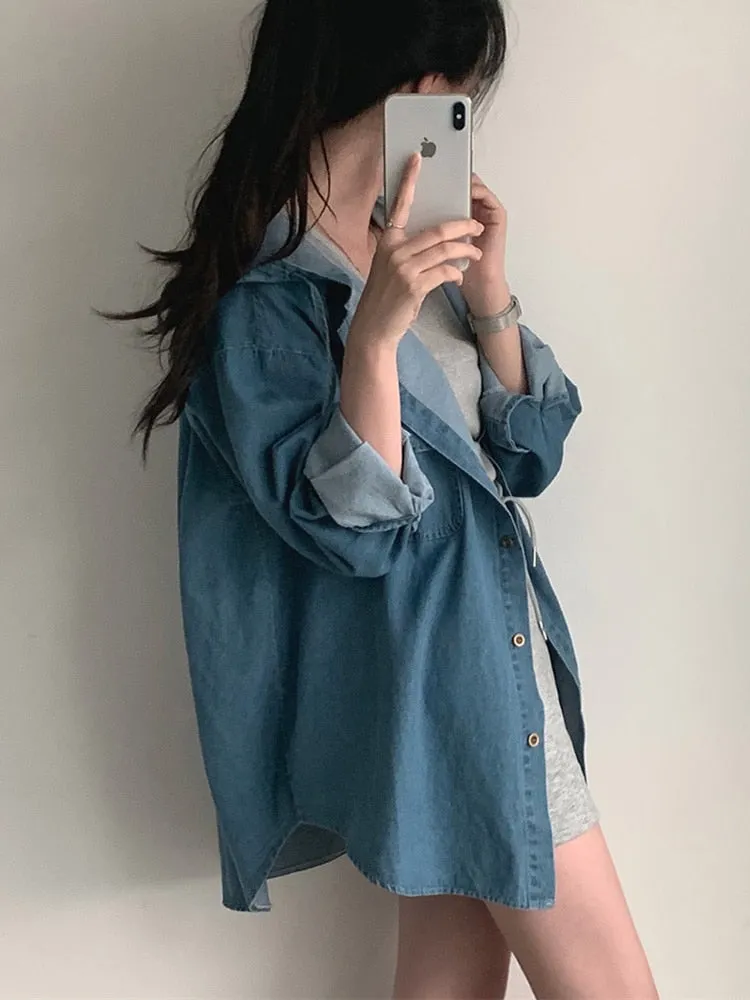 [Korean Style] Hooded Long Sleeve Denim Shirt Jacket