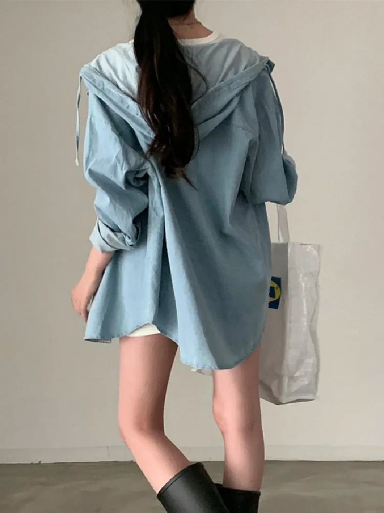 [Korean Style] Hooded Long Sleeve Denim Shirt Jacket