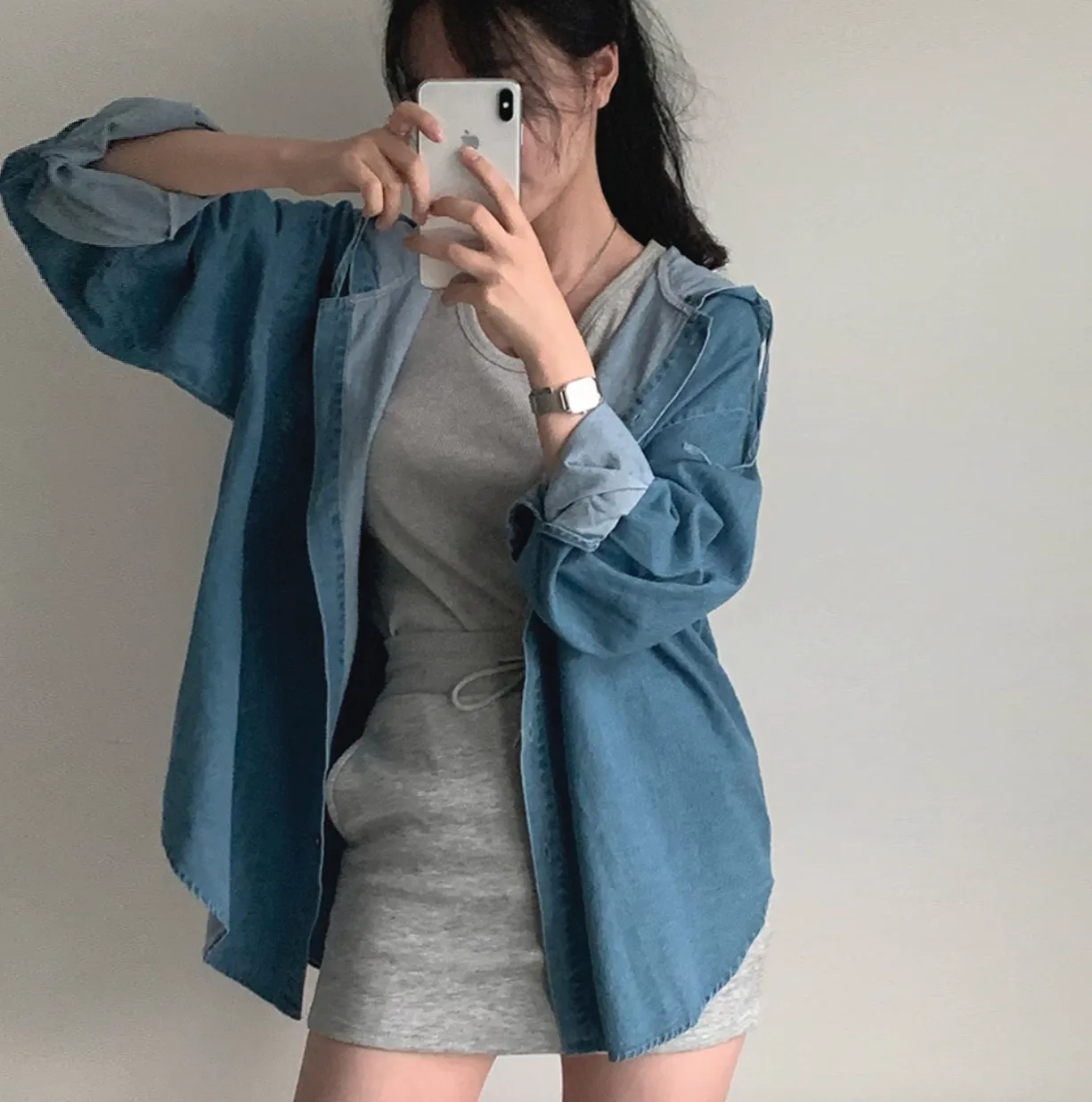 [Korean Style] Hooded Long Sleeve Denim Shirt Jacket