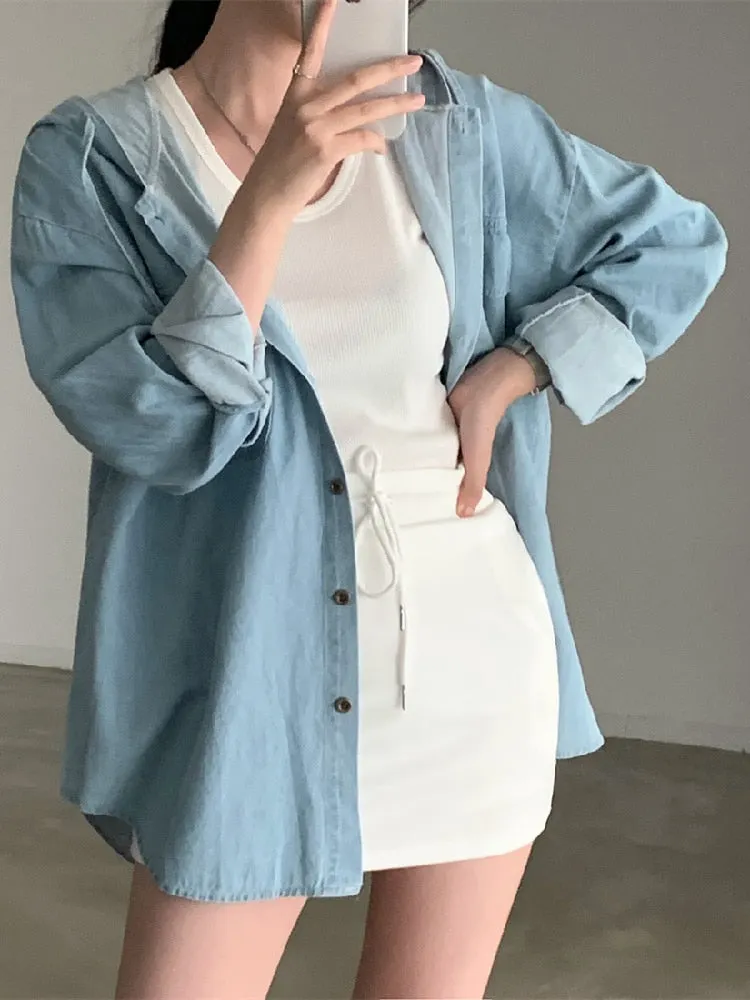 [Korean Style] Hooded Long Sleeve Denim Shirt Jacket