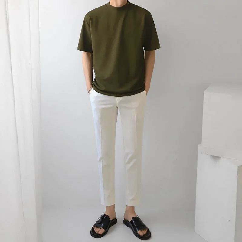 [Korean Style] Khaki/Gray Round Neck Half T-shirts