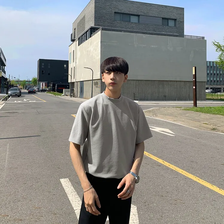 [Korean Style] Khaki/Gray Round Neck Half T-shirts
