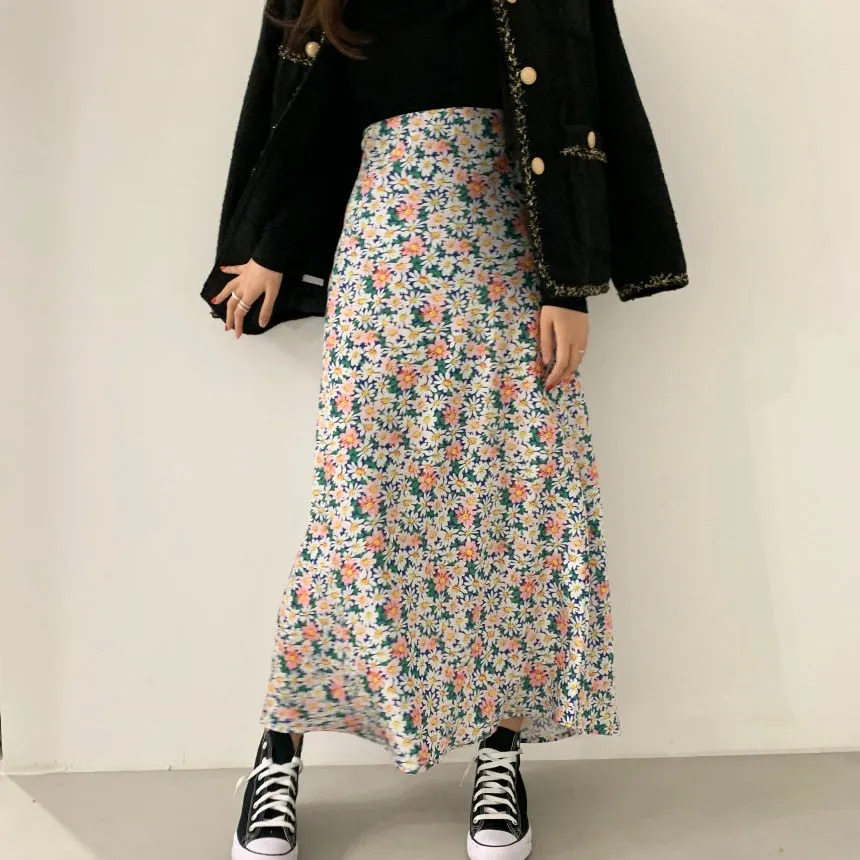 [Korean Style] Kit Floral Chic A-Line Long Skirt