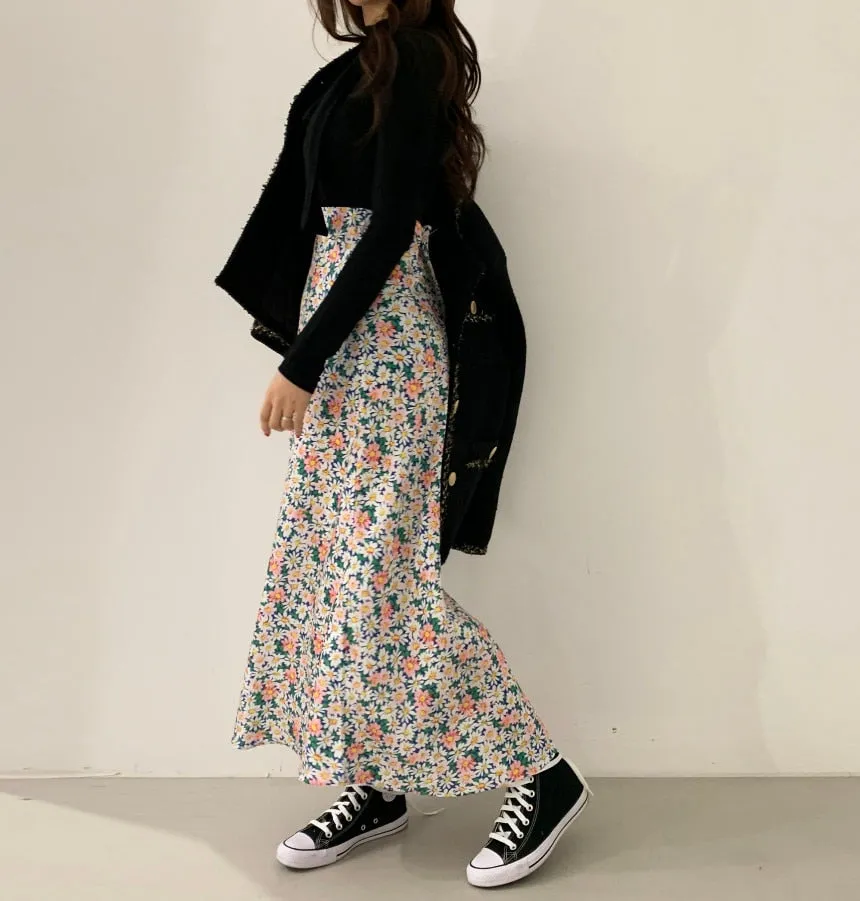 [Korean Style] Kit Floral Chic A-Line Long Skirt