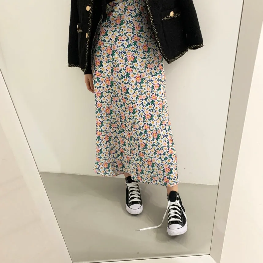 [Korean Style] Kit Floral Chic A-Line Long Skirt