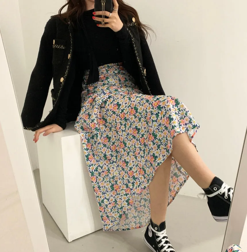 [Korean Style] Kit Floral Chic A-Line Long Skirt