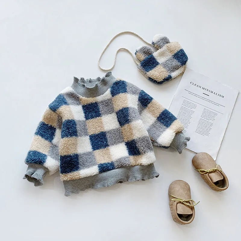 Korean style plaid small bag plus velvet thick sweater