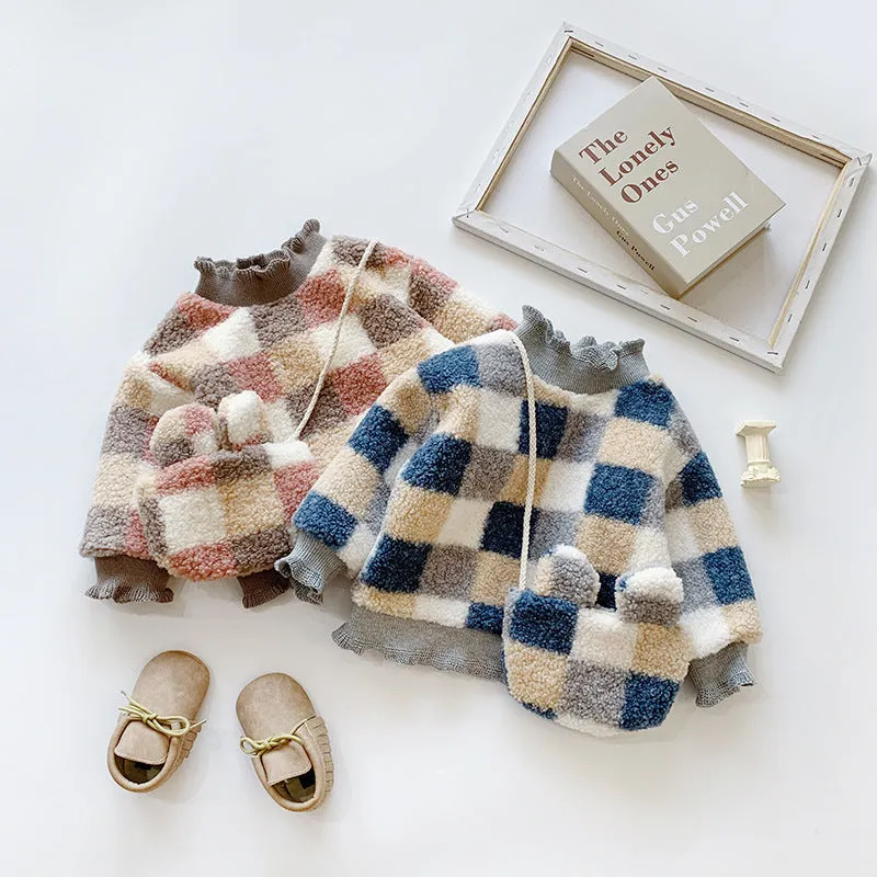 Korean style plaid small bag plus velvet thick sweater