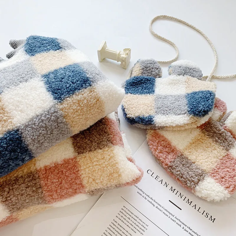 Korean style plaid small bag plus velvet thick sweater