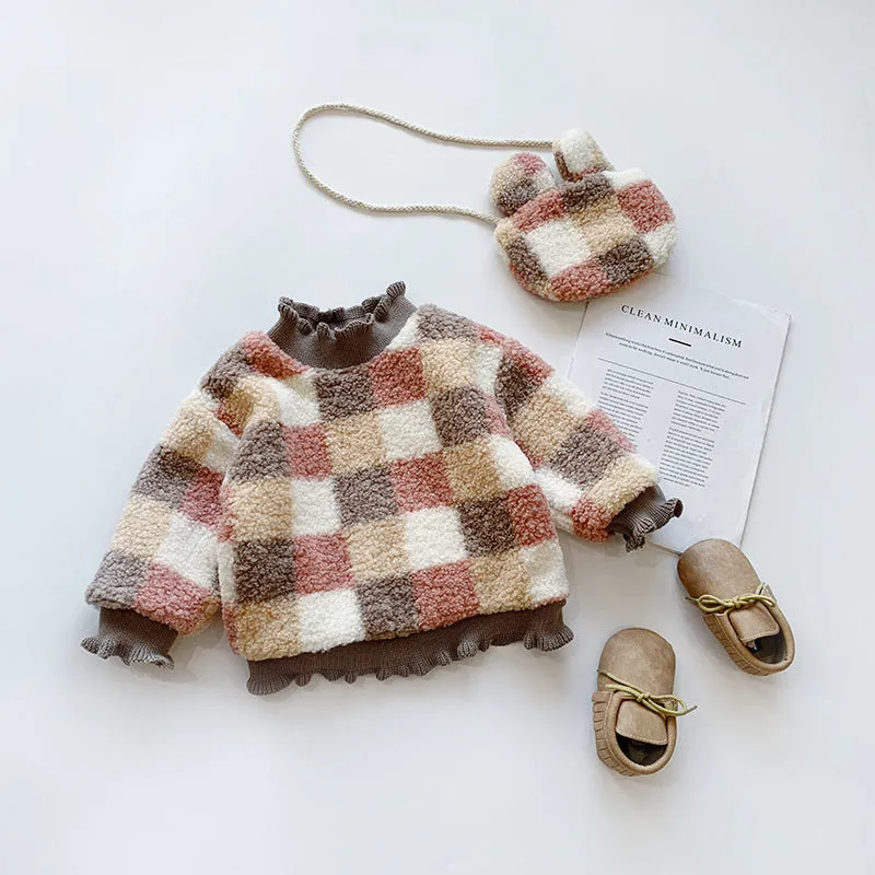 Korean style plaid small bag plus velvet thick sweater