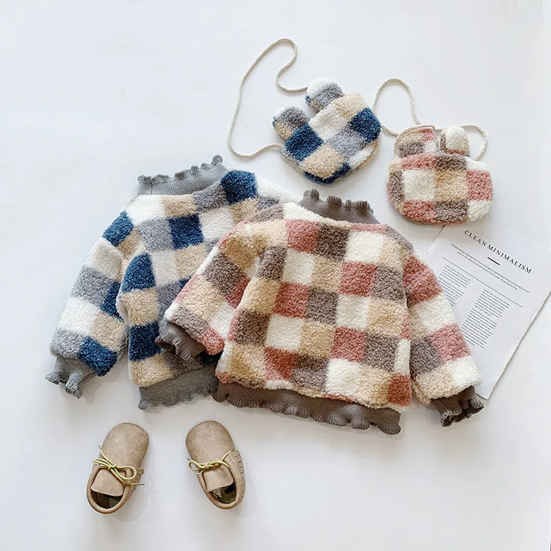 Korean style plaid small bag plus velvet thick sweater
