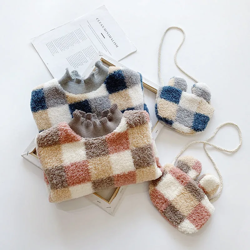 Korean style plaid small bag plus velvet thick sweater