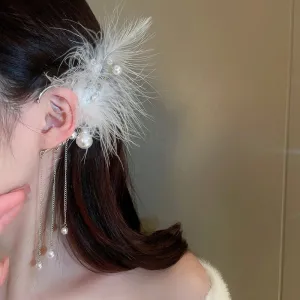 Korean Trendy White Feather Clip Earrings For Women