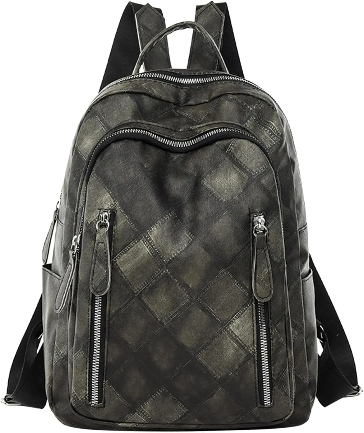 Ladies Fashion Colorful Diamond Panel Soft Leather Zipper Retro Casual Backpack Mom Backpacks (Black, One Size)