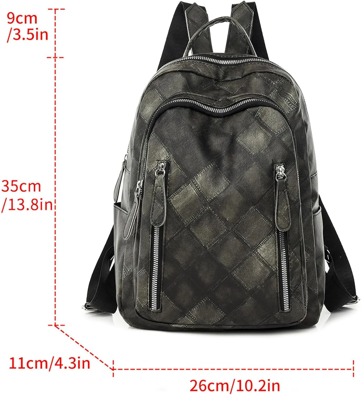 Ladies Fashion Colorful Diamond Panel Soft Leather Zipper Retro Casual Backpack Mom Backpacks (Black, One Size)