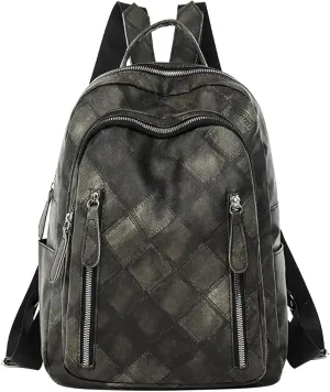 Ladies Fashion Colorful Diamond Panel Soft Leather Zipper Retro Casual Backpack Mom Backpacks (Black, One Size)