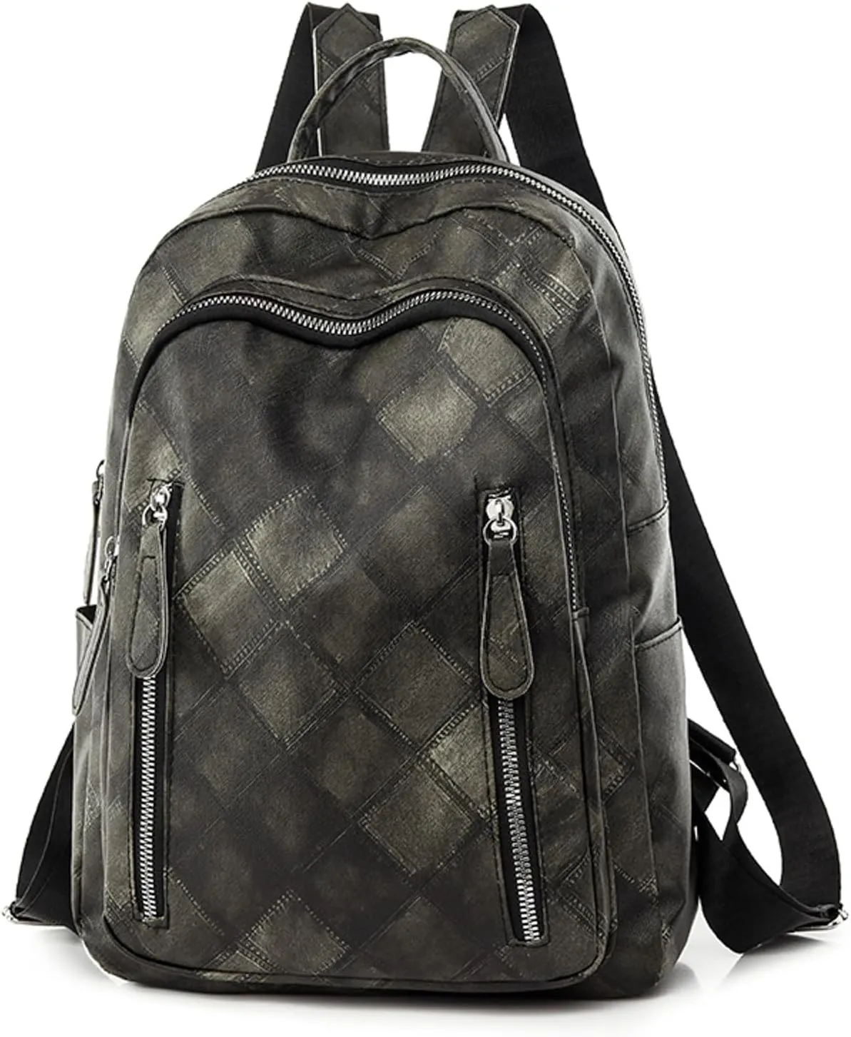 Ladies Fashion Colorful Diamond Panel Soft Leather Zipper Retro Casual Backpack Mom Backpacks (Black, One Size)