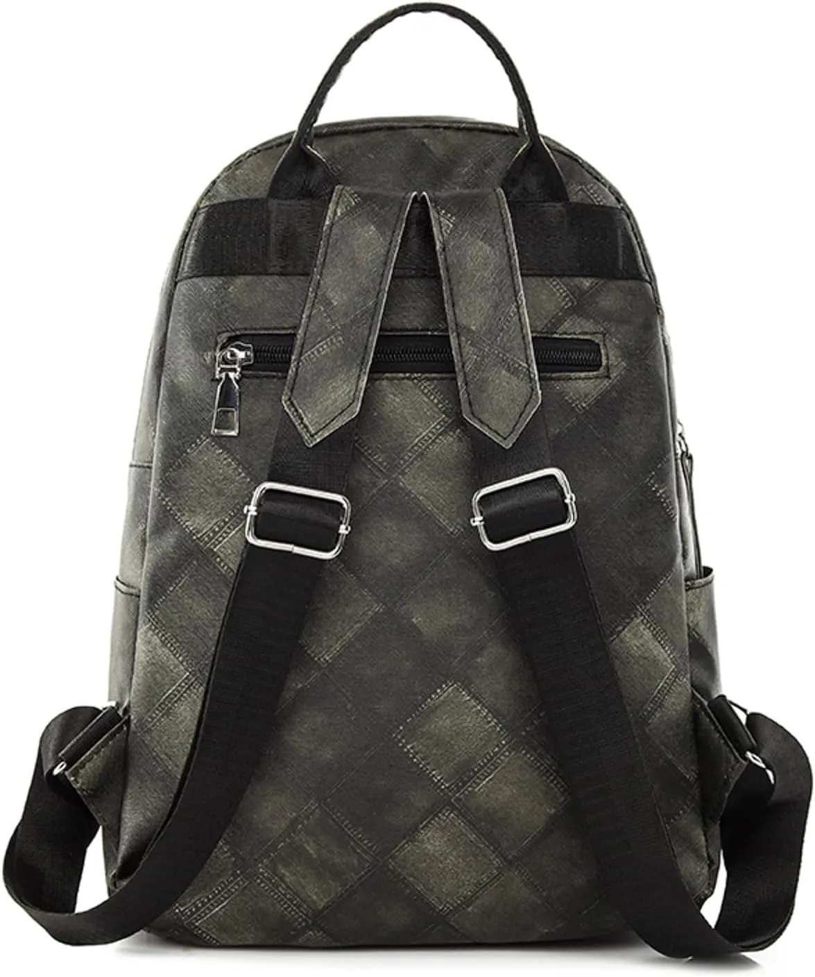 Ladies Fashion Colorful Diamond Panel Soft Leather Zipper Retro Casual Backpack Mom Backpacks (Black, One Size)