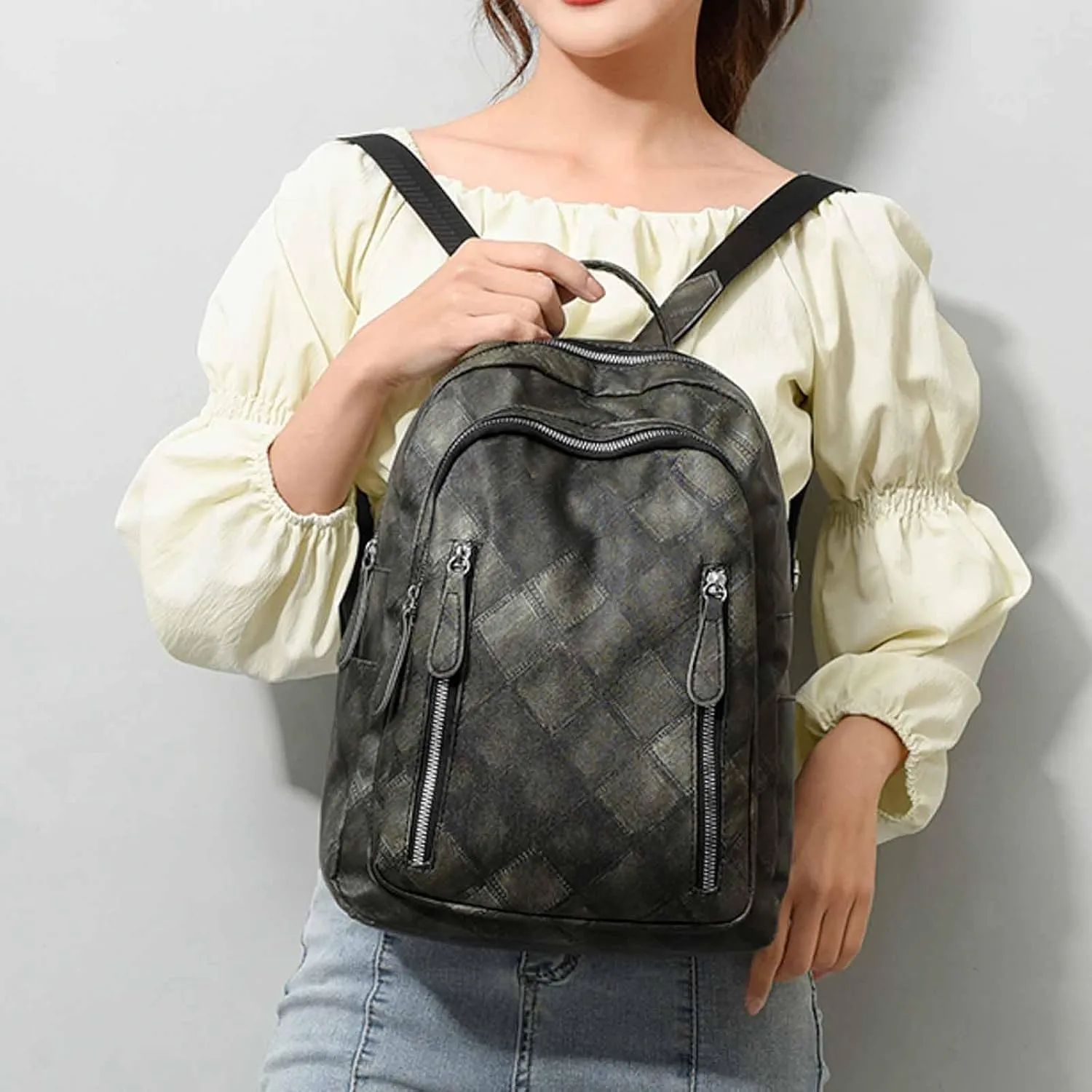Ladies Fashion Colorful Diamond Panel Soft Leather Zipper Retro Casual Backpack Mom Backpacks (Black, One Size)