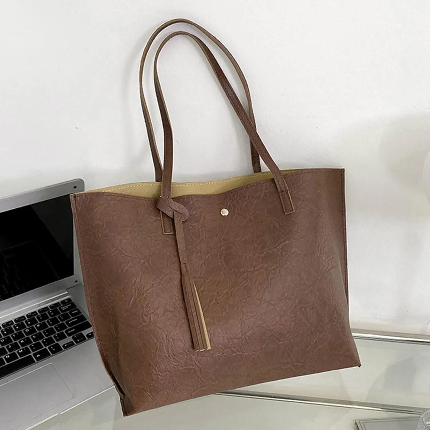 Ladies Fashion Shoulder Bag Solid Color Fringed Leather Large Capacity Shoulder Handbag Mini Shoulder Bag (One Size)