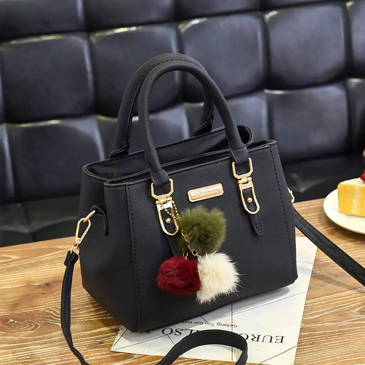 Lady Glams Vintage PU Leather Handbag with Plush Tassel - Women’s Boston Shoulder Crossbody Bag