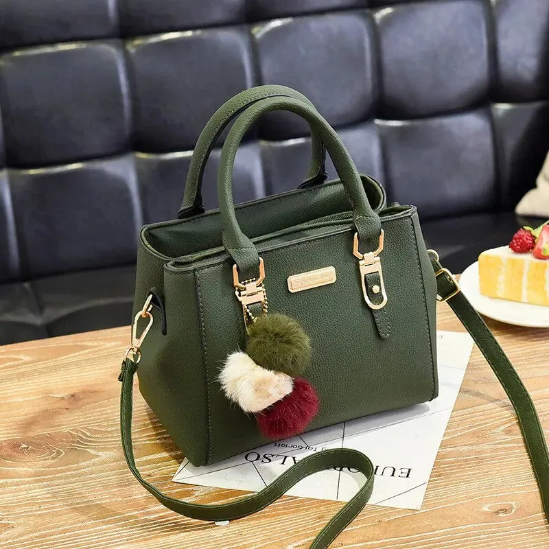 Lady Glams Vintage PU Leather Handbag with Plush Tassel - Women’s Boston Shoulder Crossbody Bag