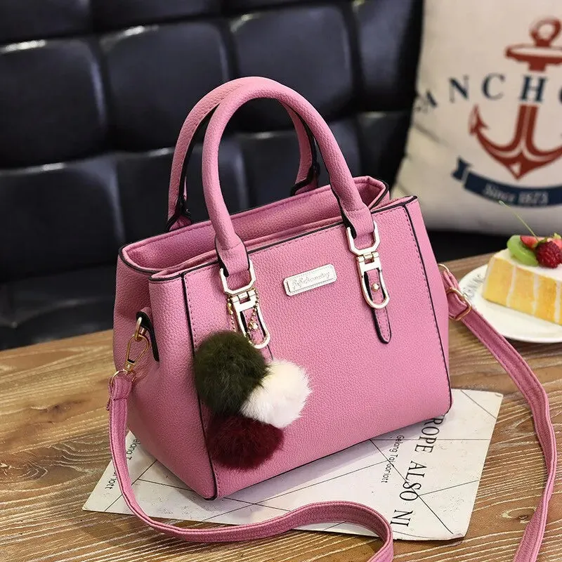 Lady Glams Vintage PU Leather Handbag with Plush Tassel - Women’s Boston Shoulder Crossbody Bag
